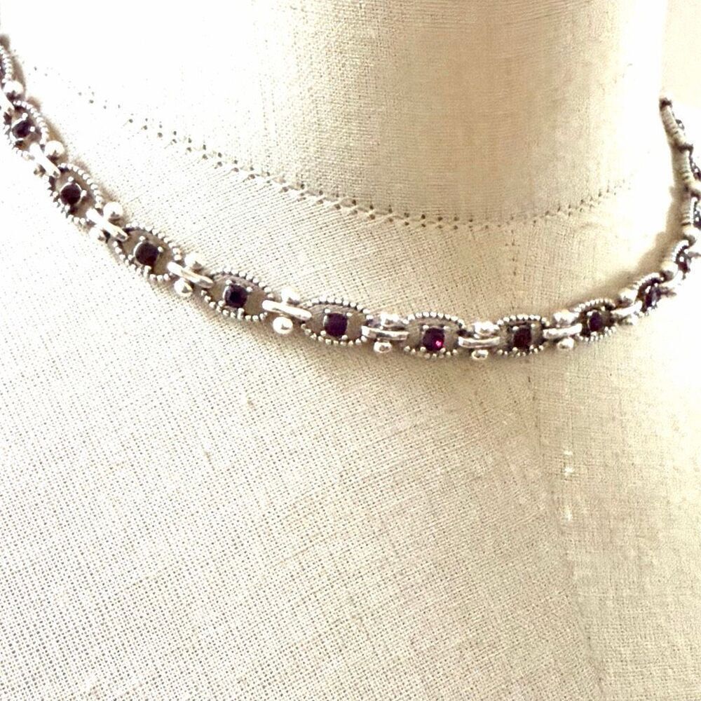 Napier Vintage Silver Tone Red Rhinestone Station Necklace - Picture 2 of 8